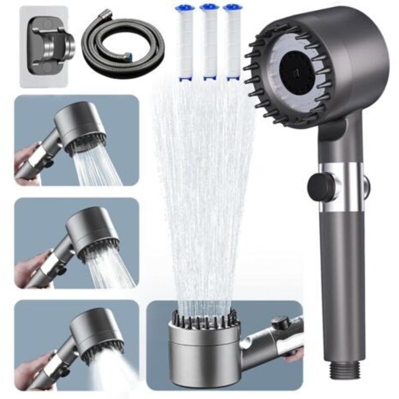 Pr Pommeau De Duche Haute Pression, Pommeau De Duche Economie Deau Mit Tuyau Douche 1.45m Und Support De Douche, Salle De Bain Reglable À 3 Modes, Pommeau De Douche Anti Calaire Bouton D'Arrêt D'Eau