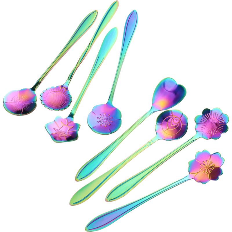 Set Mit 8 Kaffeelöffeln Aus Edelstahl, Blumenmuster, Mehrfarbiges Finish, Japanischer Stil