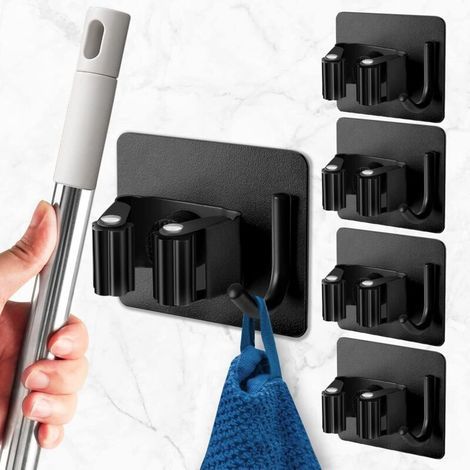 4 Teile Accroche Balai Mural Noir, Porte Balais Mural Sans Percage, Support Balais Mural Adhesif Avec Crochet, Range Balai Acier Inoxydable, Porte Outils Mural Für Küche, Garage, Garten