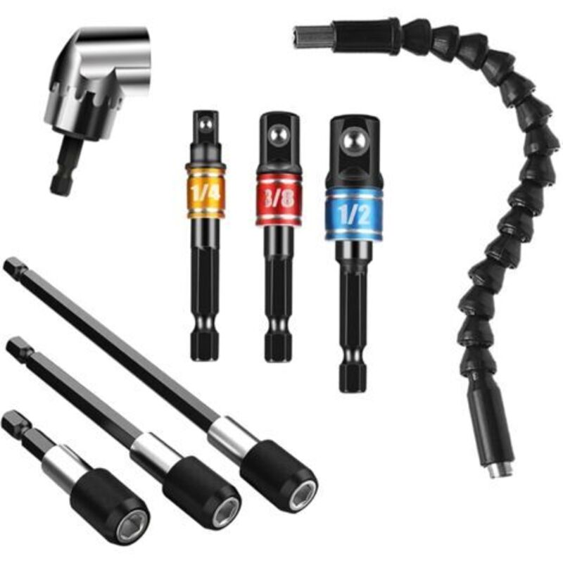 8-teiliges Bohrer-verlängerungsset, 1 Flexibler Verlängerungsschraubendreher Und Flexibler 105°-schraubendreher, 3 Drehbare Bithalter, 3 Winkel-steckschlüsseladapter 1/4" 3/8"" 1/2