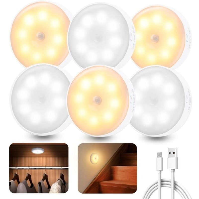 6-teilige Innen-bewegungserkennungslampe, Wiederaufladbare Led-leuchte Mit 3 Modi, Led-sanft Fil-eclairage-lampe Für Treppen, Wohnzimmer, Schlafzimmer, Schrank, Küche