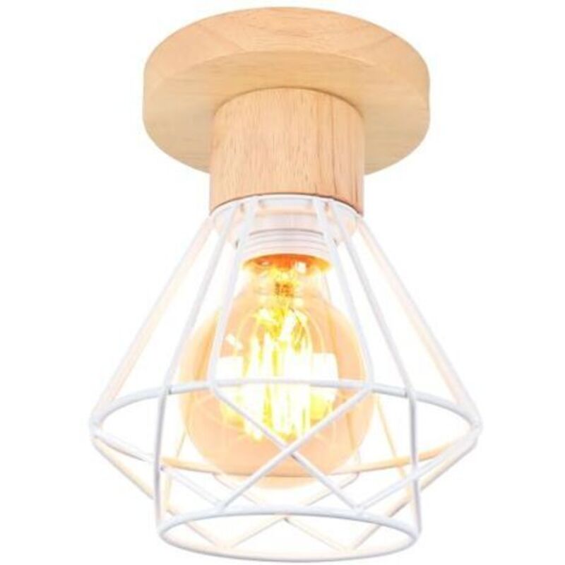 Plafonnier Industriel, 16 Cm Vintage-leuchte E27 Retro Lustre Suspension En Fer Et Bois Cage Design Lampe De Plafond Blanc Pour Entrée Couloir Chambre Cuisine, 1 Packung