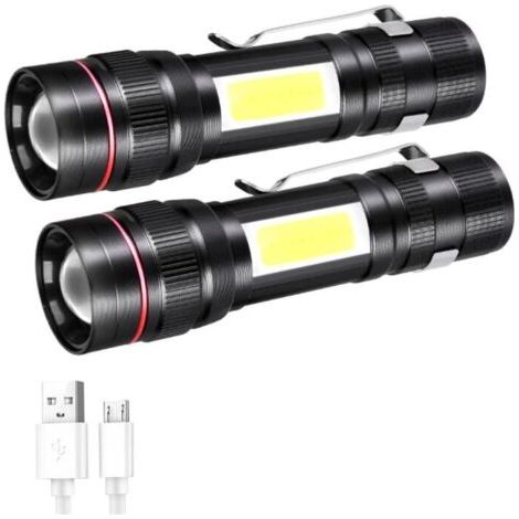 2 Stück Led-taschenlampe, Wiederaufladbar, 800 Lm, Taschenlampe, 3 Modi Und Zoombar, Taktische Cob-tragbare Lampe Für Kinder, Camping, Camping, Notfall, Notfall