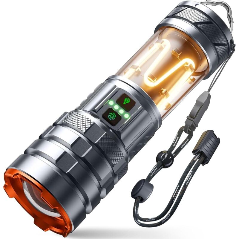 Ultrastarke Led-taschenlampe, Wiederaufladbare, Leistungsstarke Led-taschenlampe, Taktische Taschenlampe, Stufenloses Dimmen, Lcd-display, Für Camping-geschenke In Notsituationen [energieklasse A+++]