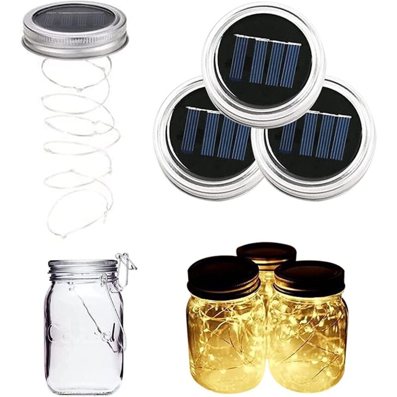 Set Mit 3 Einmachglas-deckeln, Wasserdichte Solar-lichterkette, 2 M, 20 Leds, Umgebungslampen-dekoration Für Diy-led-glas, Flasche, Zuhause, Weihnachten, Hochzeit, Party [energieklasse F]