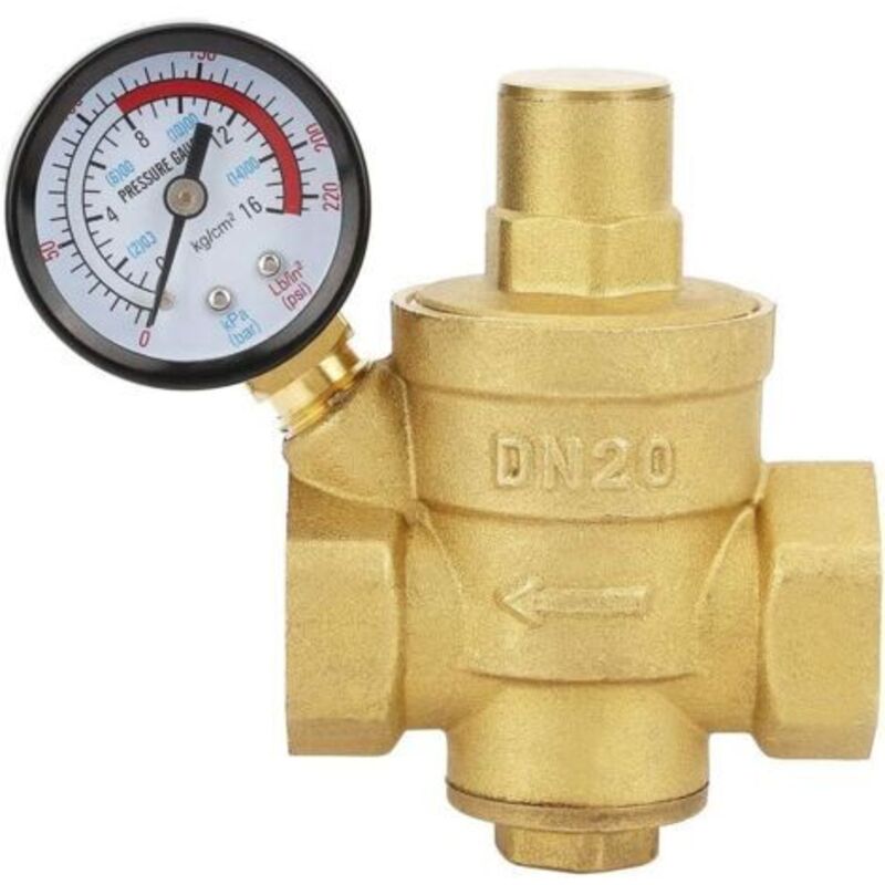 Wasserdruckregelventil, Dn20 G3/4" Wasserdruckminderer In Der Luft. Regelbarer Wasserdruckregler 3/4. Wasserdruckregler Mit 1/2" Durchmesser Und Einem Manometer Von 1,6 Mpa