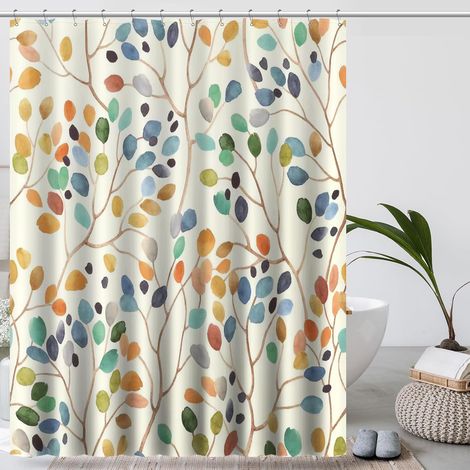 Blumen-duschvorhang Für Badezimmer, Bunte Blätter, Badezimmer-dekor, Mit Haken, 180 Cm X 200 Cm