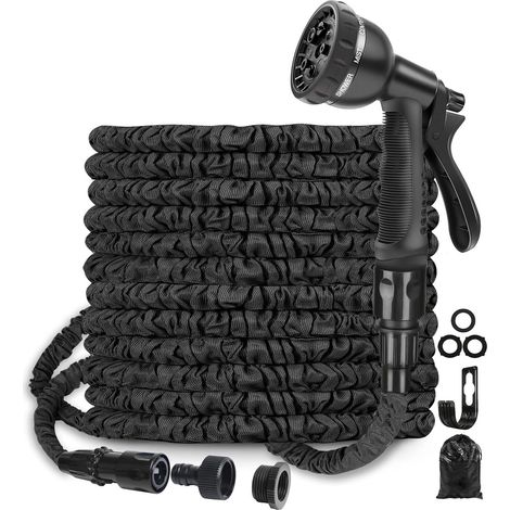 Tuyau D'Arrosage Extensible 15m, Gartenschlauch Mit 1100d-gartenschlauch Aus Latex Mit Hoher Dichte Und Verstärkung, 8 Modi, Adapter 1/2" Und 3/4", Ultra-léger, Schwarz