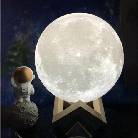 Nachttischlampe, 3d-mondlampe, Standardgröße, Mondnachtlicht, 3 Led-farben, Mit Holzständer & Fernbedienung/touch Und Usb Wiederaufladbar, Durchmesser 15 Cm – 15 Cm – 3 Farben