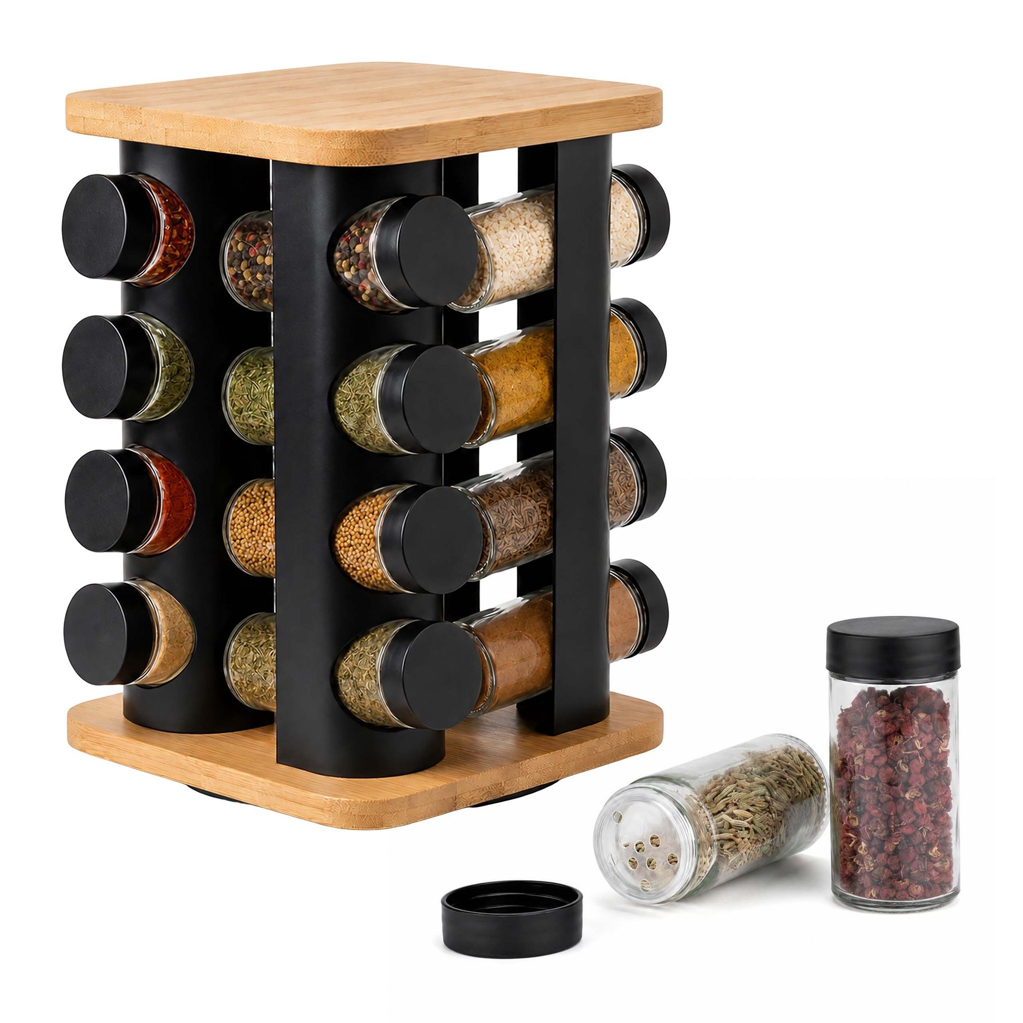 Relaxdays Gewürzkarussell, 16 Gläser, 360° Drehbarer Gewürzständer, Hbt 28x18,5x18,5cm, Bambus, Edelstahl, Natur/schwarz