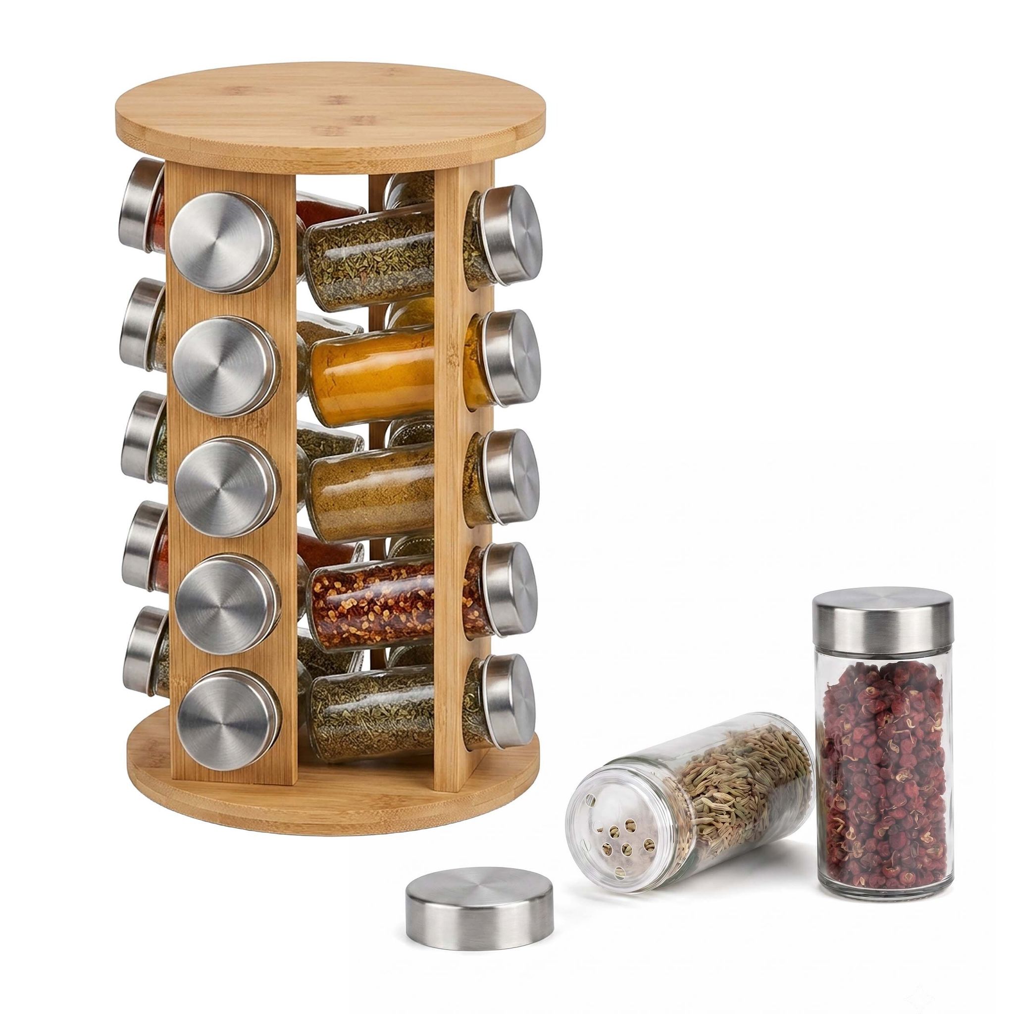 Relaxdays Gewürzkarussell, 20 Gewürzgläser, 360° Drehbarer Gewürzständer, H X D: 32 X 19 Cm, Bambus, Gewürzregal, Natur