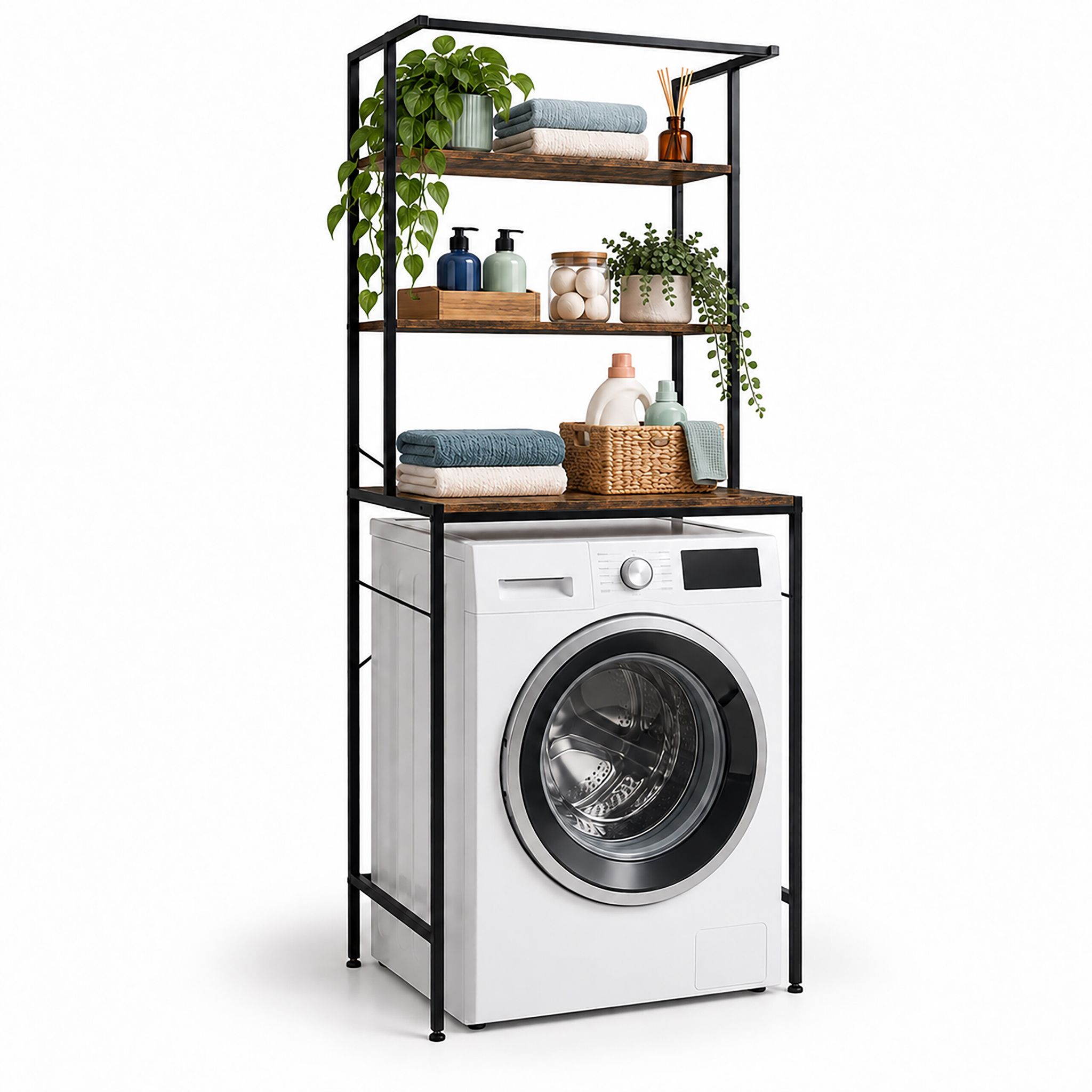 Relaxdays Waschmaschinenregal, 3 Fächer, Regal Über Waschmaschine, Trockner, Toilette, Hbt: 161x66x40 Cm, Braun/schwarz