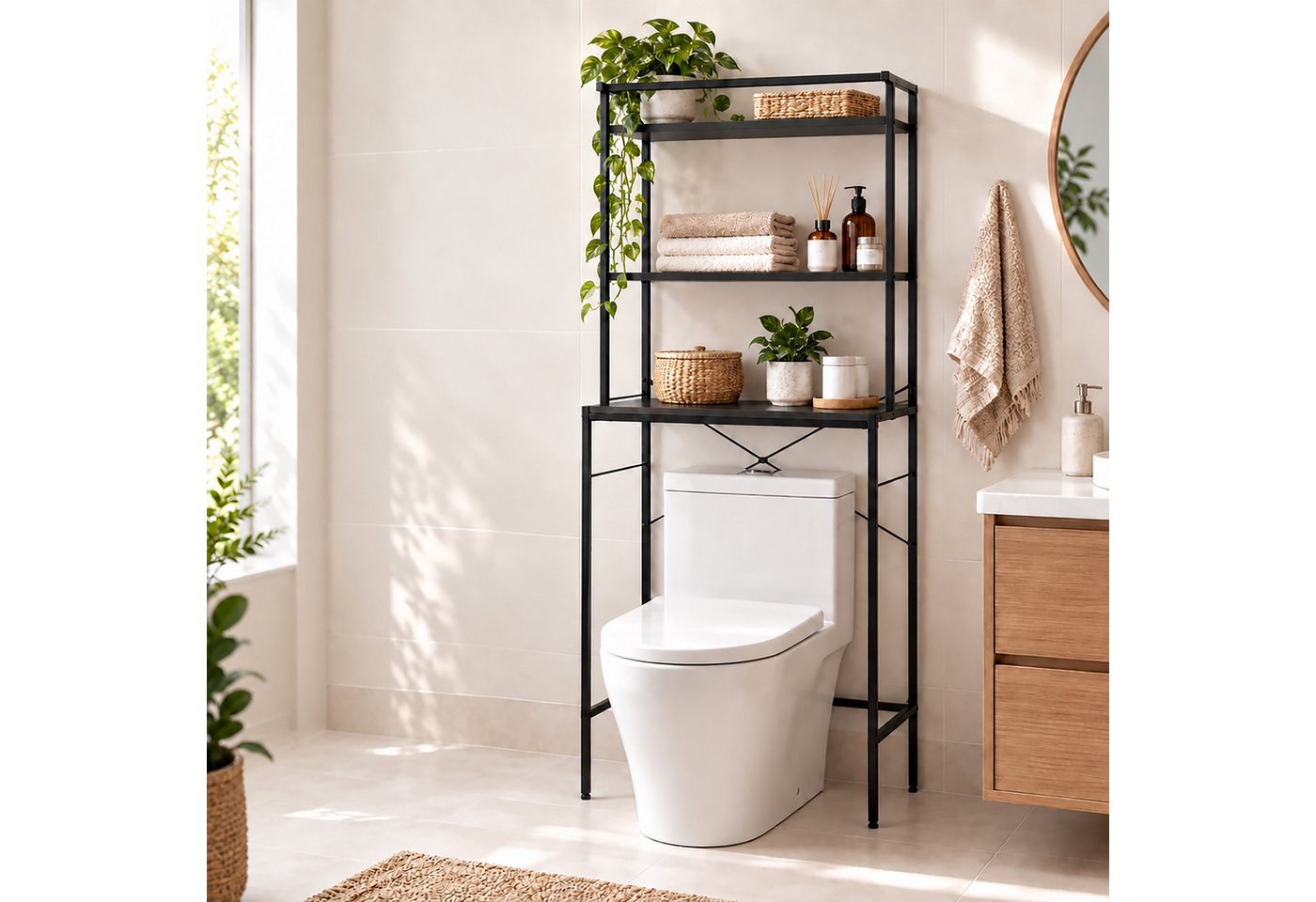 Relaxdays Waschmaschinenregal, 3 Fächer, Regal Über Waschmaschine, Trockner, Toilette, Hxbxt: 161x66x40 Cm, Schwarz