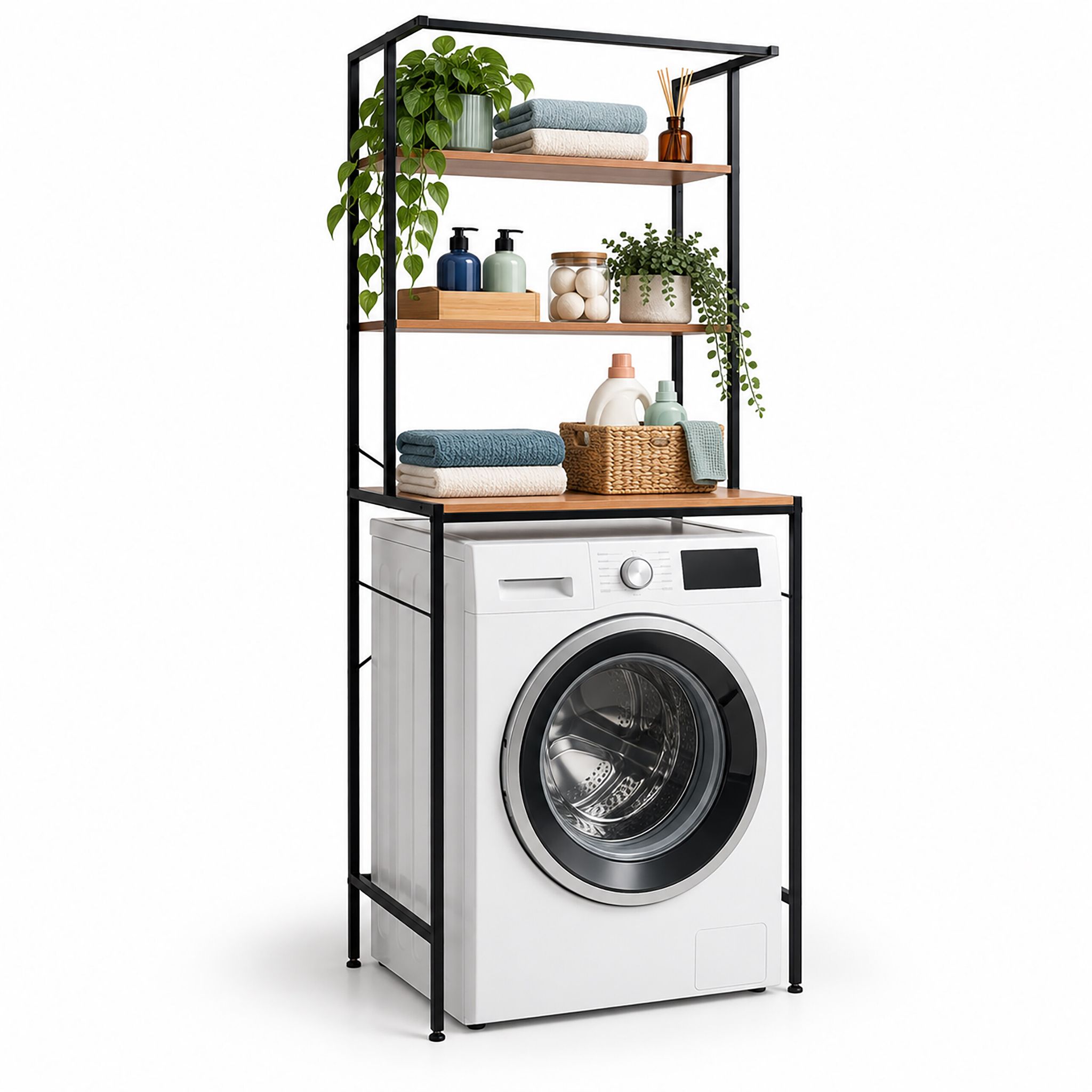 Relaxdays Waschmaschinenregal, 3 Fächer, Regal Über Waschmaschine, Trockner, Toilette, Hbt 161x66x40 Cm, Natur/schwarz