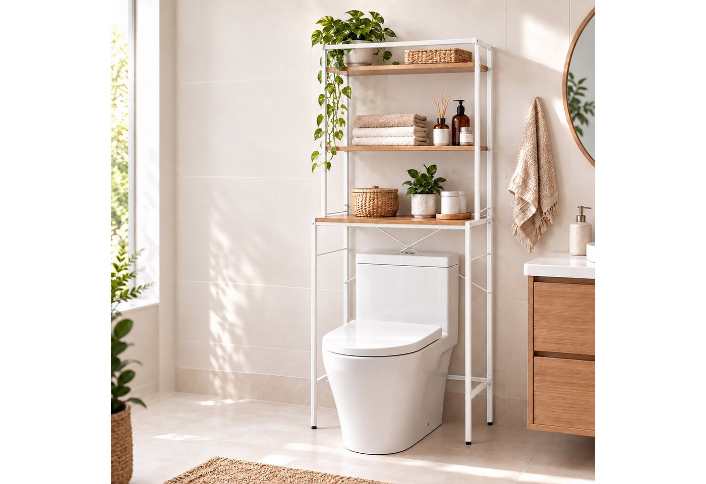 Relaxdays Waschmaschinenregal, 3 Fächer, Regal Über Waschmaschine, Trockner, Toilette, Hbt: 161 X 66 X 40 Cm, Natur/weiß