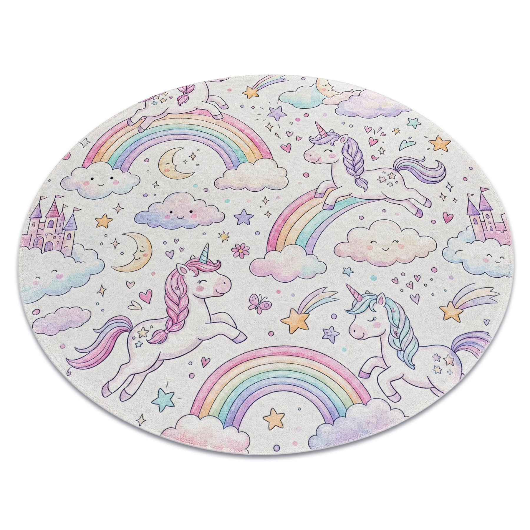Bambino 61400 Kreis Waschteppich Einhorn, Regenbogen Für Kinder Anti-rutsch - Creme / Rosa Beige Rund 80 Cm