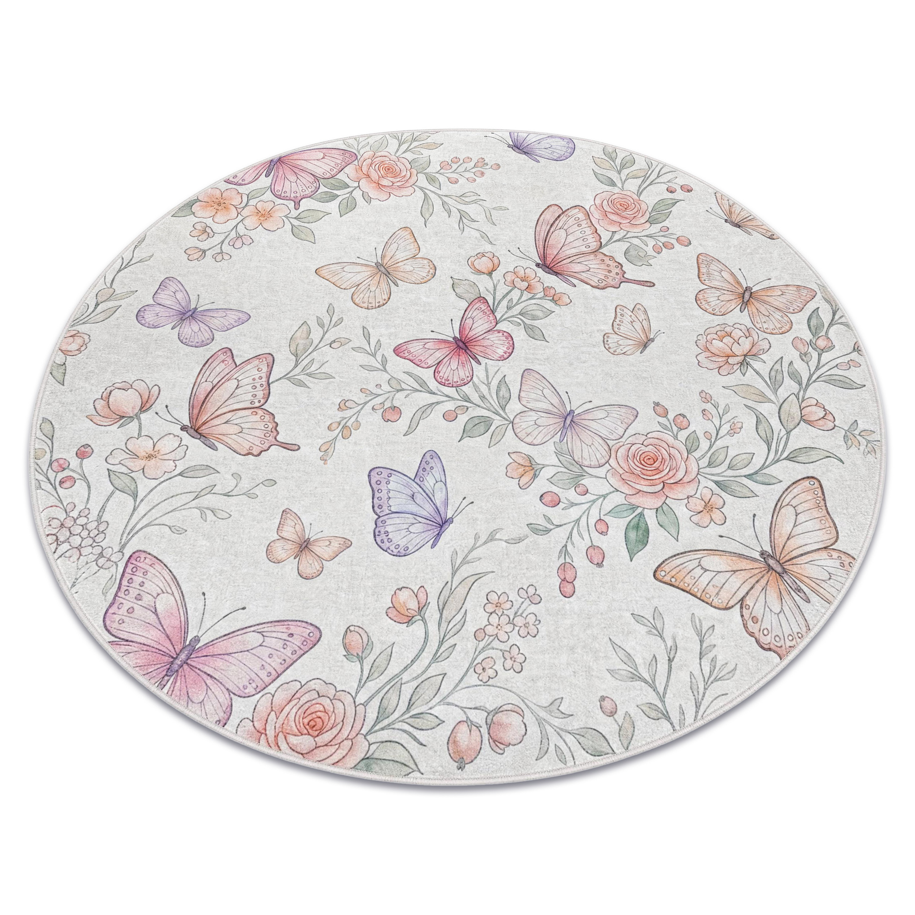Bambino 61450 Kreis Waschteppich Schmetterlinge Für Kinder Anti-rutsch - Creme / Rosa Beige Rund 80 Cm
