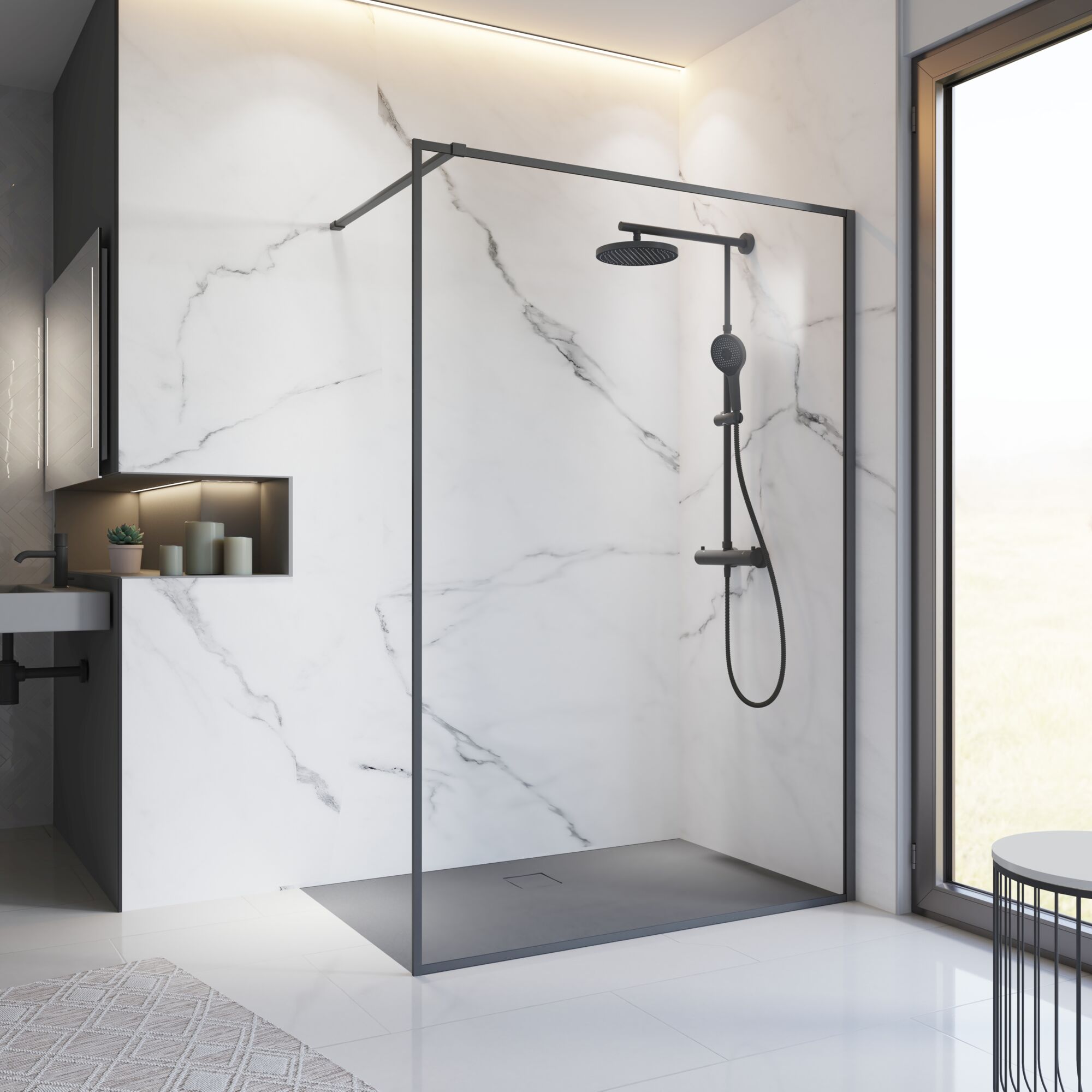 Schulte Walk-in Duschwand Trend 2.0, Mattschwarz, 120 X 200 Cm, 6 Mm Sicherheitsglas, Offene Duschkabine