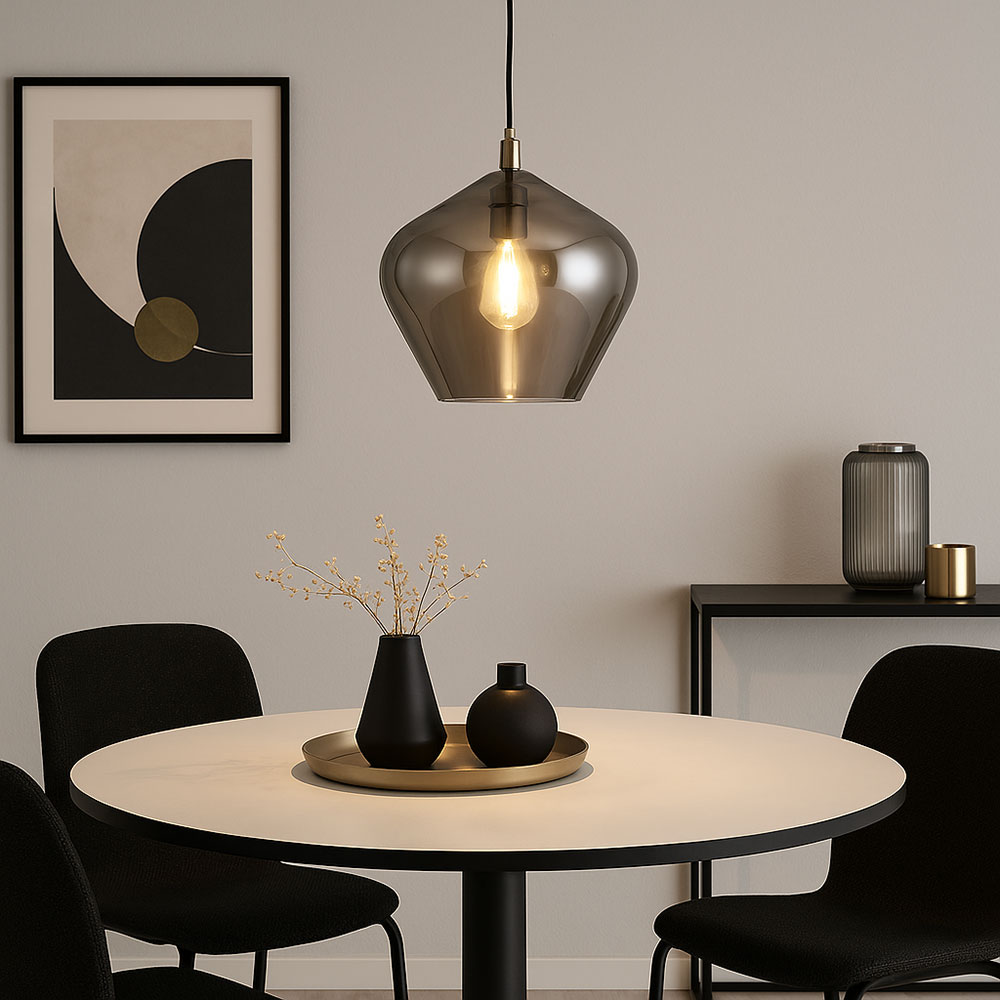 Esszimmerleuchte Hängend Retro Hängeleuchte Glas Rauch Hängelampe Altmessing, 1x E27 Fassung, Dxh 30x100 Cm