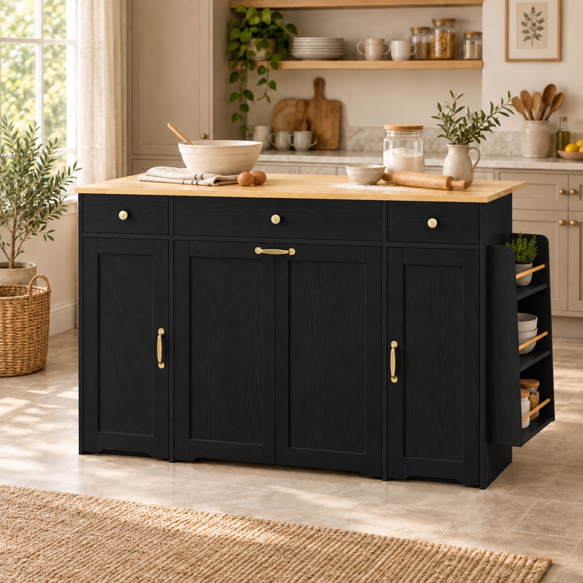 Sideboard Für Küche 136 X 65 X 90 Cm - Anrichte Küchenschrank Mit 3 Schubladen, 2 Türen, Holzfarbene Oberplatte - Klassischer Stil - Mdf - Schwarz