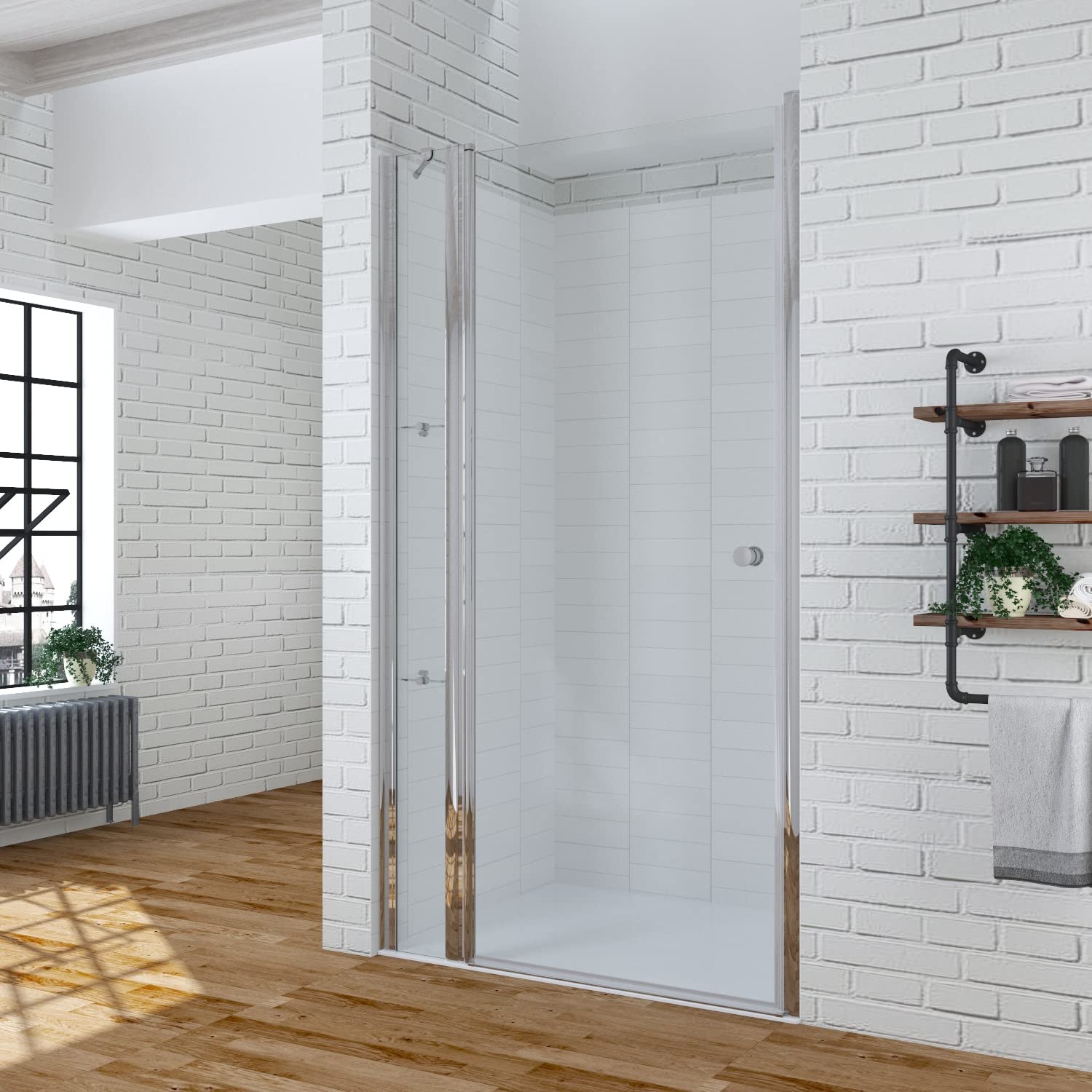 Aquabatos® Duschtür Mit Festteil Und Eckregalen Aus 6mm Echtglas Nano Beschichtung Esg, Drehtür Pendeltür Schwingtür In Nische, Duschabtrennung 105x197 Cm Duschwand Glas Mit Duschablage