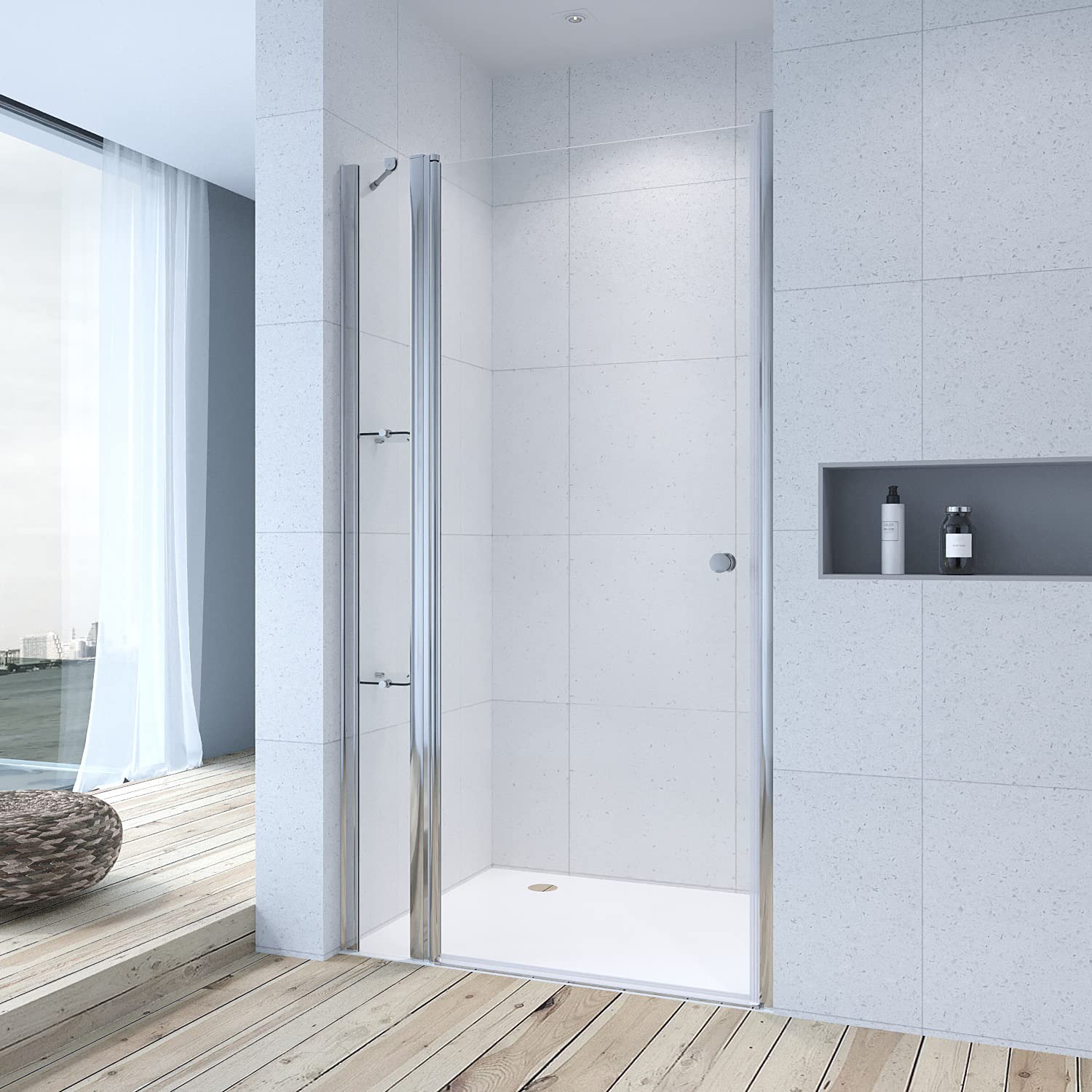 Aquabatos® Duschtür Mit Festteil Und Eckregalen 115x197 Cm, 6 Mm Esg Echtglas Nano-beschichtung, Pendeltür Für Nische, Duschabtrennung Mit Duschablage