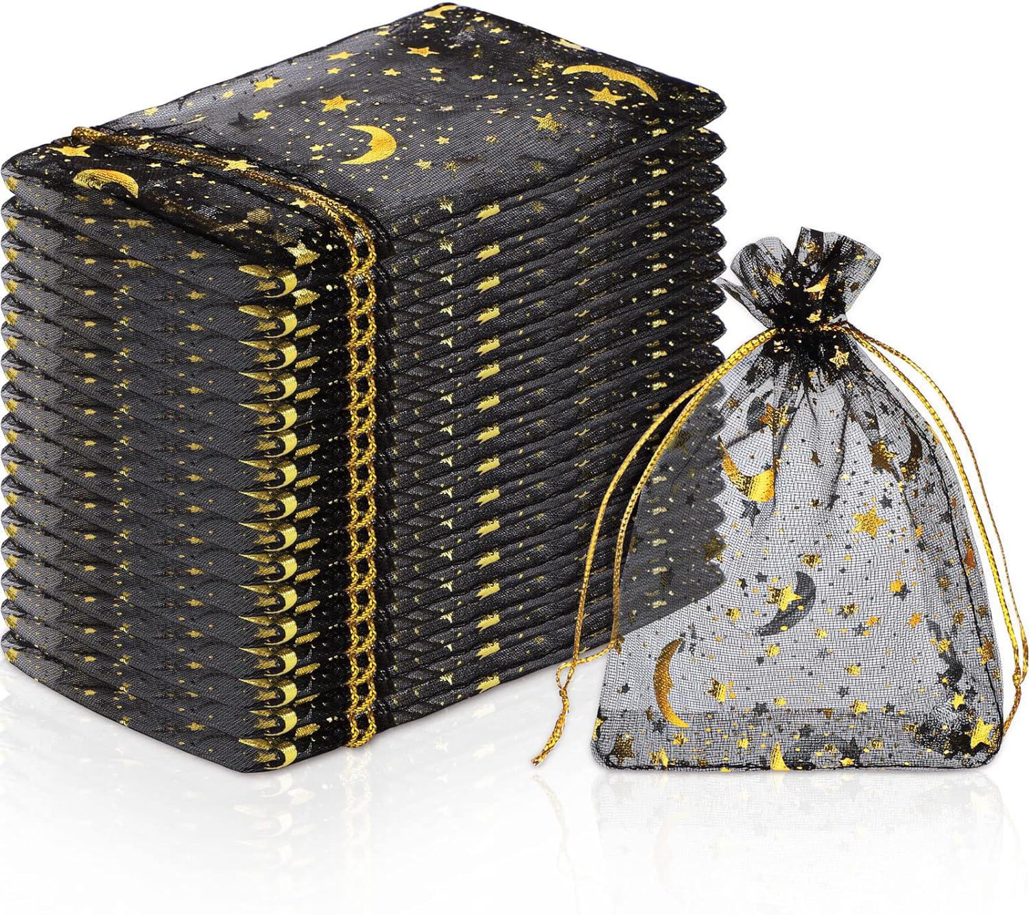 100 Schwarze Organzabeutel Mit Kordelzug, Verziert Mit Silbernen Sternen Und Goldenem Mond, Aufbewahrungsbeutel Für Schmuck Und Geschenke (schwarz)