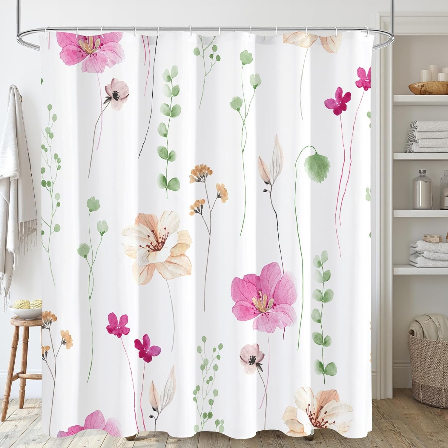 Duschvorhang Mit Floralem Aquarellmuster In Rosa Und Beige, Modernes Minimalistisches Set Aus Wasserdichtem Stoff, 183 X 183 Cm (72 X 72 Zoll) Mit Haken Für Das Badezimmer