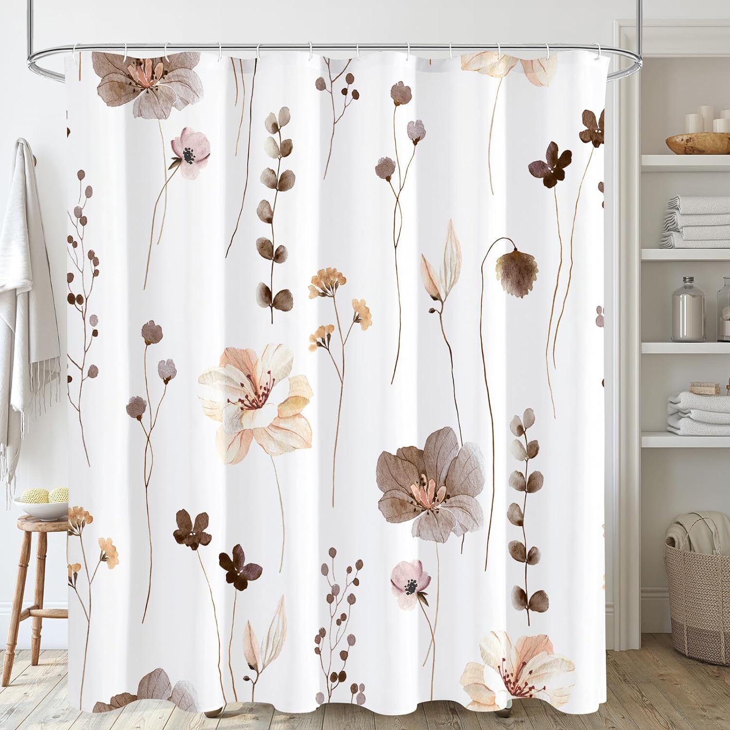Extra Langer Duschvorhang 72 X 84 Cm, Badezimmervorhang Aus Aquarell-blumenstoff, Braun-beiges Dekoset Mit Haken