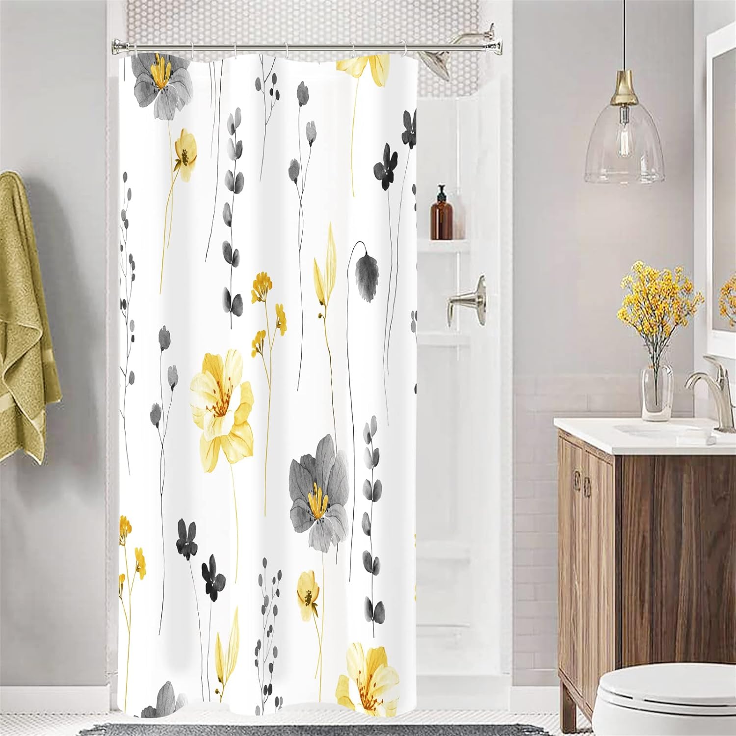 Schmaler Duschvorhang 36 X 72 Zoll, Halbgroßer Stoff Mit Floralem Aquarellmuster, Gelb-graue Zierblumen Für Das Badezimmer, Inklusive Haken