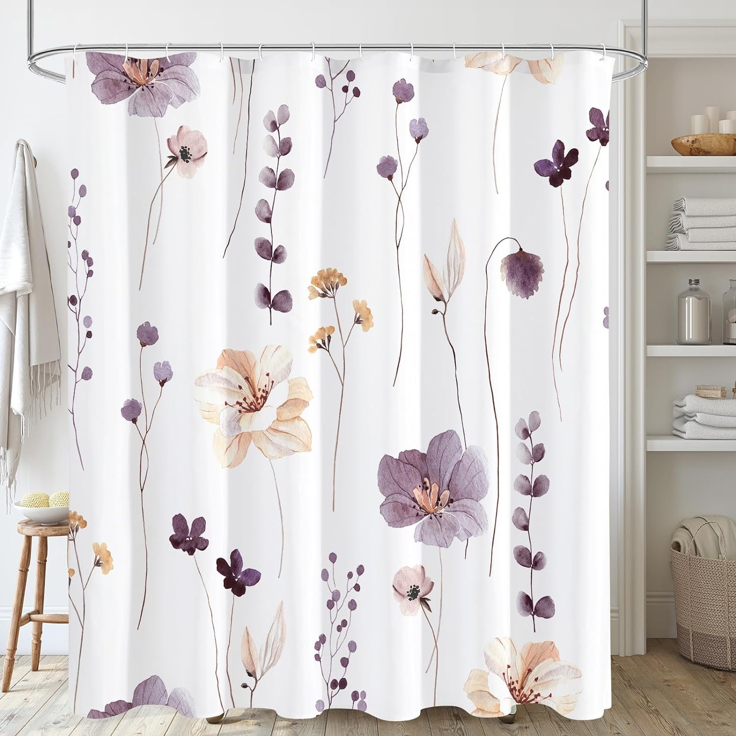 Duschvorhang Mit Aquarellblumenmuster, Beige-pflaumenfarbener Duschvorhang Mit Blumenmuster, Modernes Und Minimalistisches Duschvorhang-set Aus Weißem, Wasserdichtem Stoff Mit Haken, 183 X 183 Cm