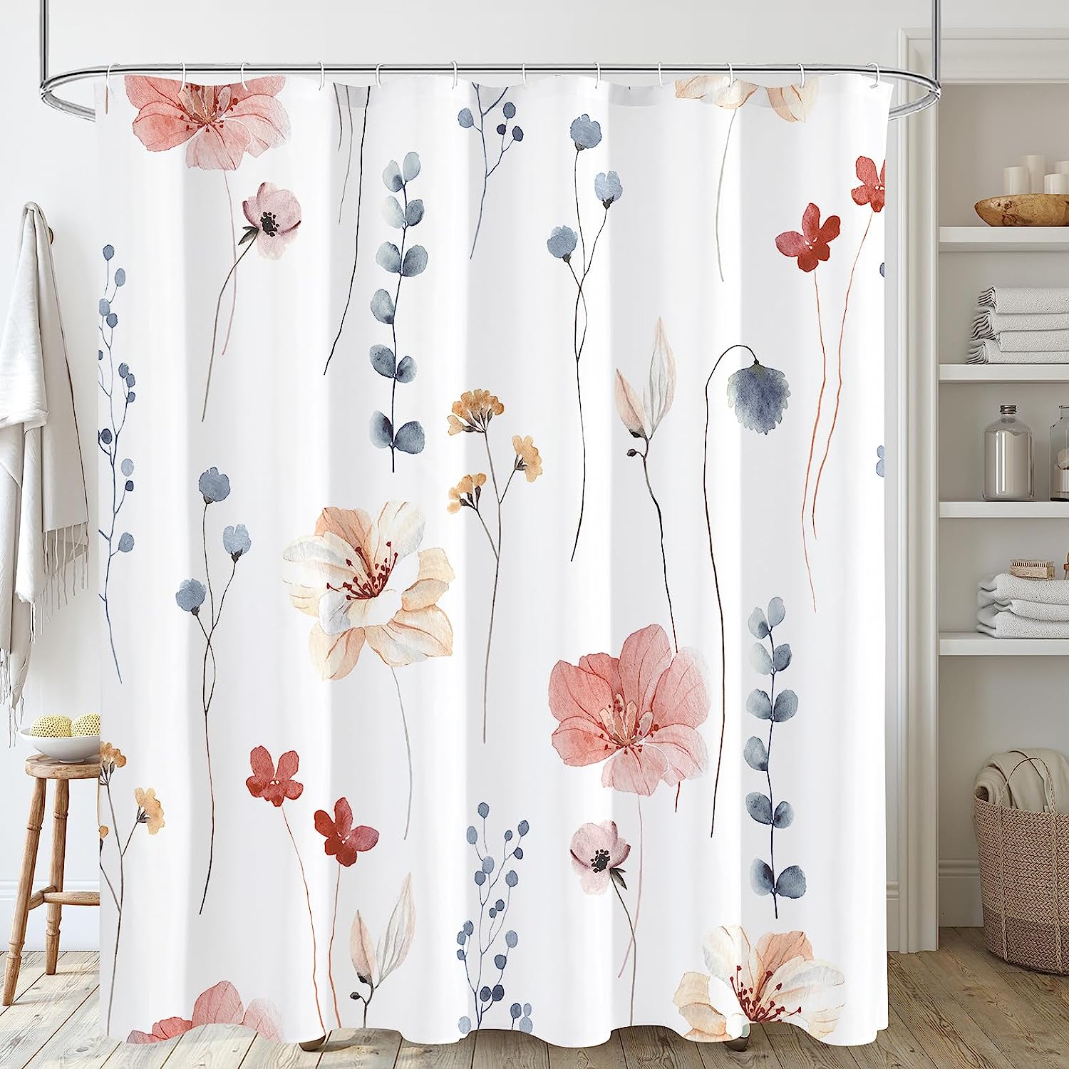 Extra Langer Duschvorhang 72 X 84 Cm, Badezimmervorhang Aus Aquarell-blumenstoff, Korallenbeige, Dekoratives Set Mit Haken
