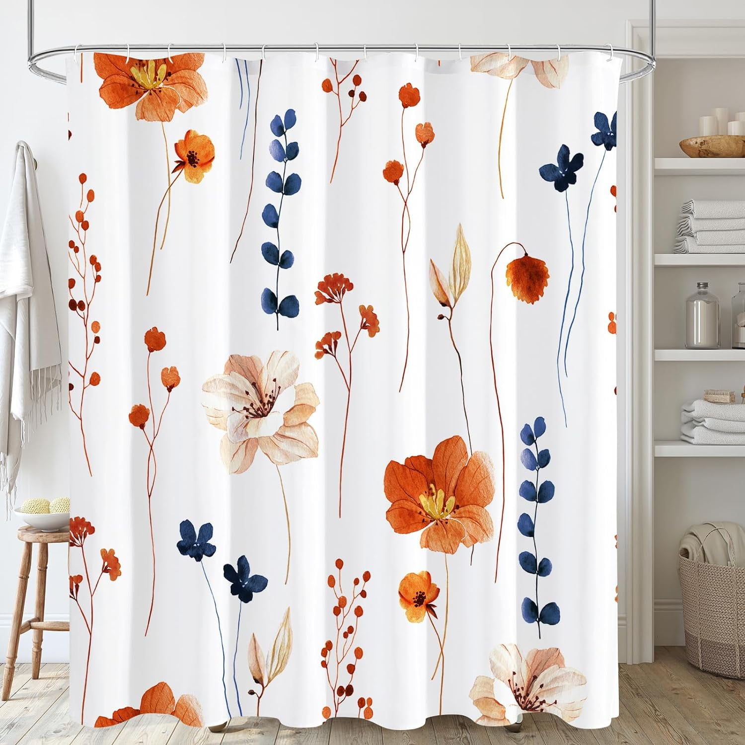 Duschvorhang Mit Aquarell-blumenmuster, Retro-optik In Orange Und Marineblau, Minimalistisch-modern, Wasserdicht, Inklusive Haken, 183 X 183 Cm