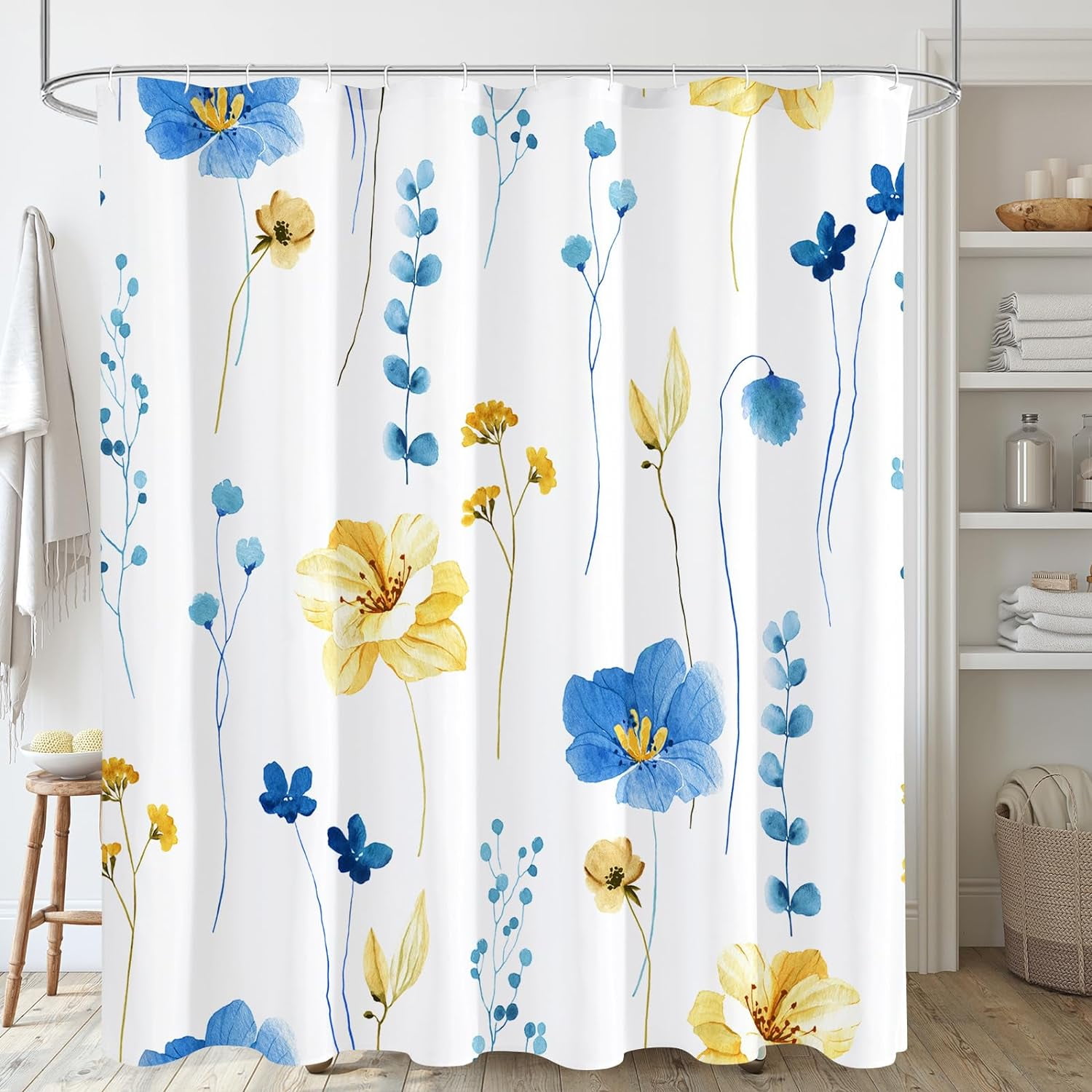 Duschvorhang Mit Aquarellblumenmuster, Blau-gelber Blumendruck, Modernes Und Minimalistisches Duschvorhang-set Aus Wasserdichtem Stoff Mit Haken, 183 X 183 Cm