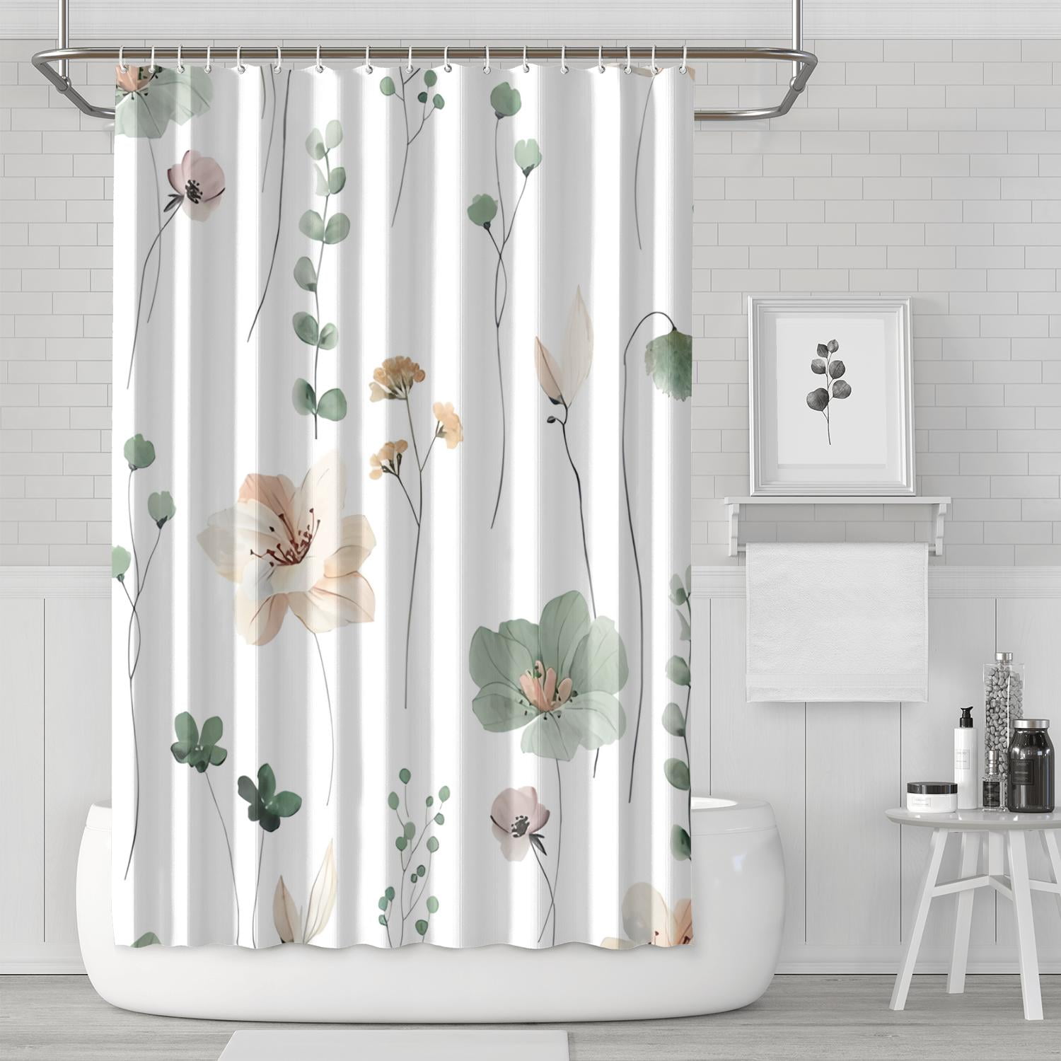 Duschvorhang Mit Blumenmuster In Aquarell, Salbeigrün Und Beige Moderner, Minimalistischer, Wasserdichter Duschvorhang Aus Weißem Stoff Inklusive Haken, 183 X 183 Cm