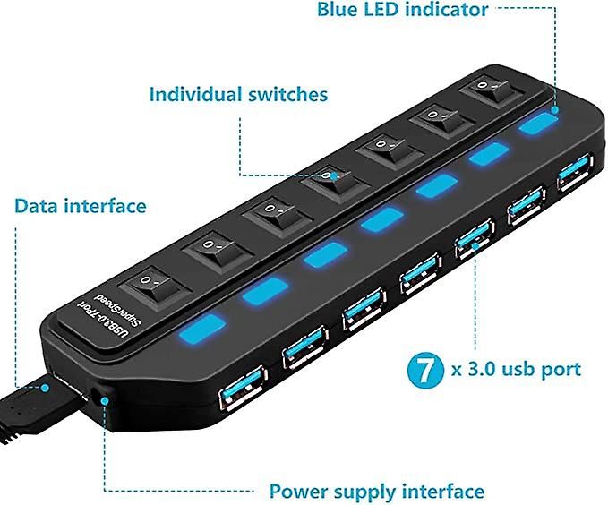 Aktiver 7-port-usb-3.0-hub, Superspeed-datensplitter Mit Einzelschaltern, Usb-c-netzteil, Windows/mac-kompatibel