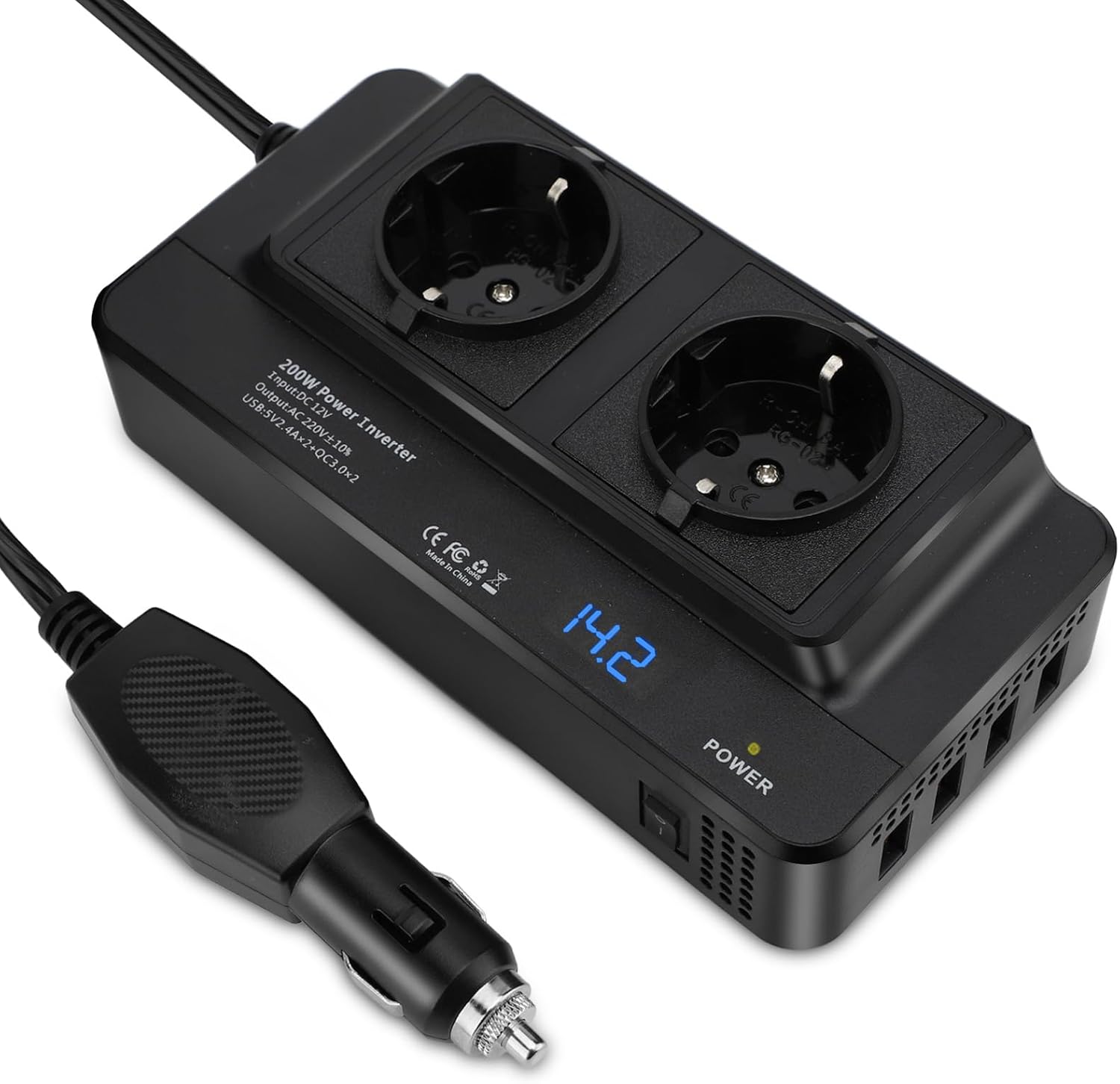 12v-220v 200w Kfz-konverter, Zigarettenanzünderbuchse, 4 Usb-anschlüsse Und 2 Eu-steckdosen.