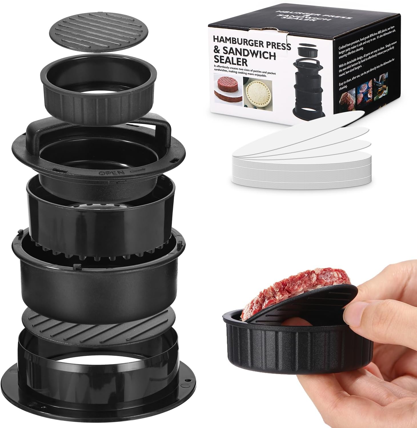 4-in-1 Burgerpresse, Hackfleischform, Sandwichschneider, Für Gefüllte Burger, Rindfleisch, Gemüse, Schwarz, Mit 200 Backpapierscheiben