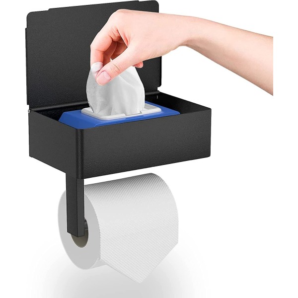Schwarzer, Wandmontierter Toilettenpapierhalter Aus Edelstahl Mit Geräumiger Ablagefläche, Wahlweise Zur Wandmontage Oder Ohne Bohren, Praktischer Spender