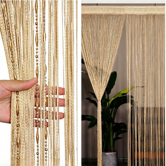 Türvorhang Mit Fransen Und Perlenknöpfen – Polyester – 5 Knopfreihen – Raumteiler Und Fensterdekoration – Champagner – 100 X 195 Cm – 1 Stück