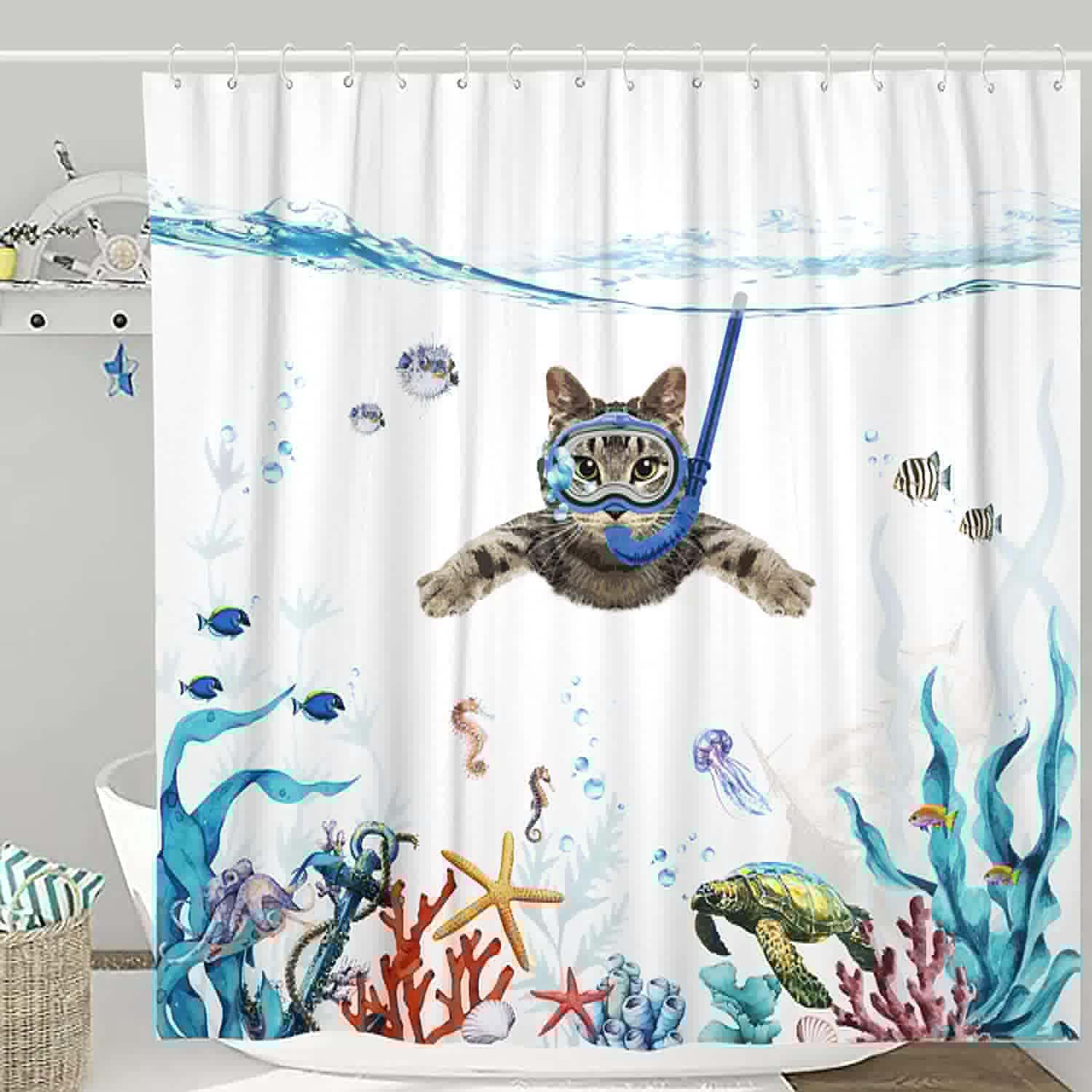 Duschvorhang 150x180cm Mit Katzen-taucher-ozean-print, Wasserdicht, Waschbar, Transparent, Schnelltrocknend, Aus Polyester, Mit Badezimmerhaken