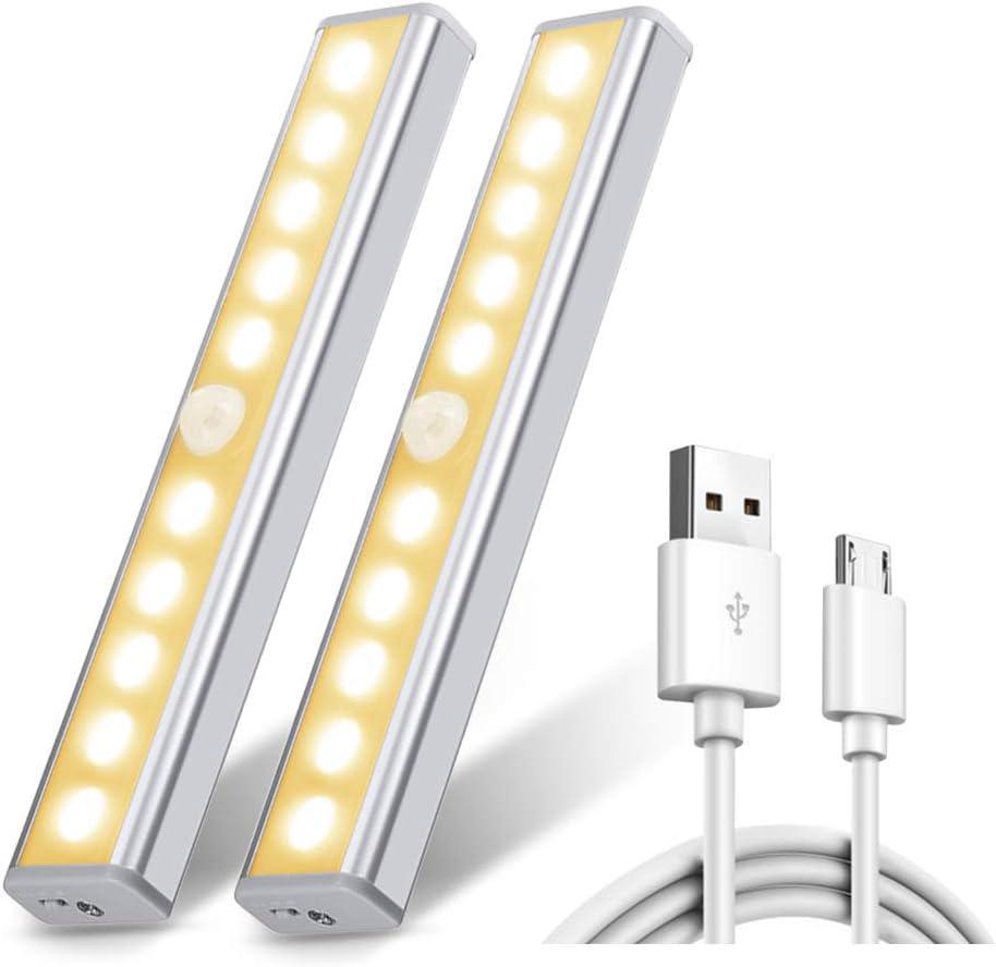 Set Mit 2 Kabellosen Led-leuchten, Je 10 Leds, Usb-aufladbar, Magnetisch, Bewegungsmelder, 2 Beleuchtungsmodi, Schrankbeleuchtung, Warmgelb