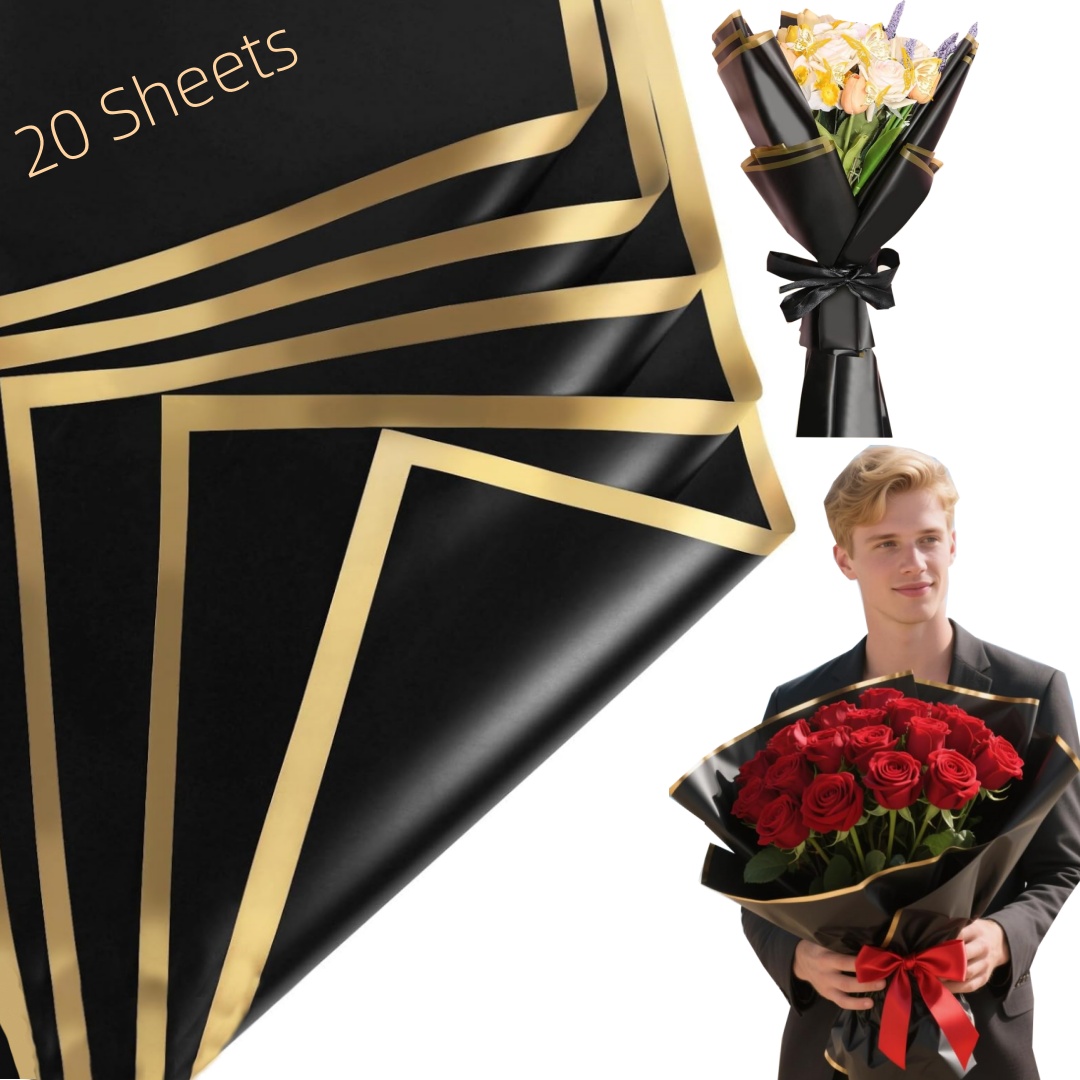 20 Blatt Geschenkpapier Mit Blumenmuster - Wasserfestes Geschenkpapier - Zubehör Für Blumensträuße - Zuschneidbar - Zum Verpacken Von Blumensträußen Und Dekorieren Von Geschenken (58 X 58 Cm - Schwarz