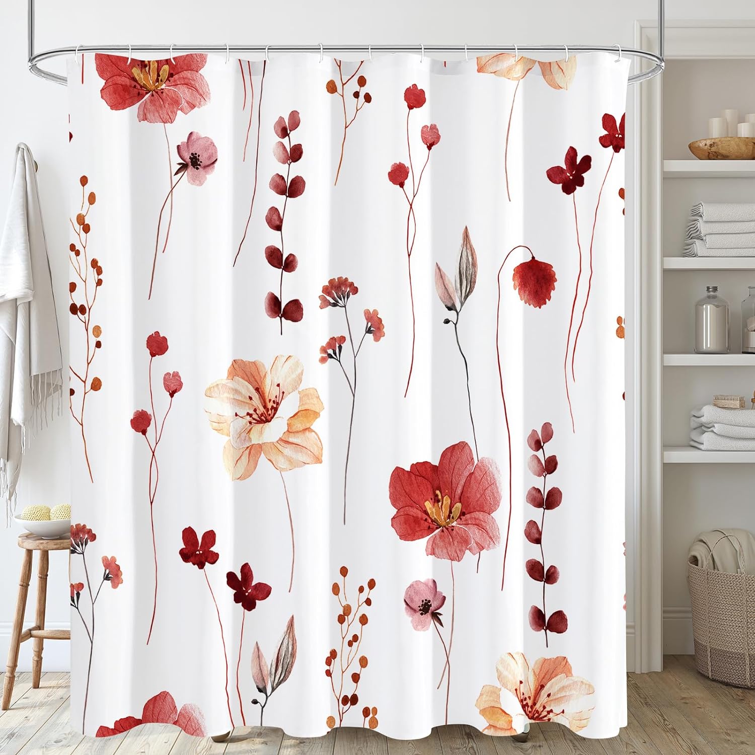 Duschvorhang Mit Rot-beigem Aquarellblumenmuster, Modernes Minimalistisches Set Aus Wasserdichtem Stoff Mit Haken Fürs Badezimmer, 183 X 183 Cm