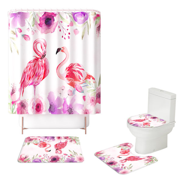 Digital Bedruckter Duschvorhang, 4-teiliges Set Mit Rutschfester Badematte, Badezimmer, B
