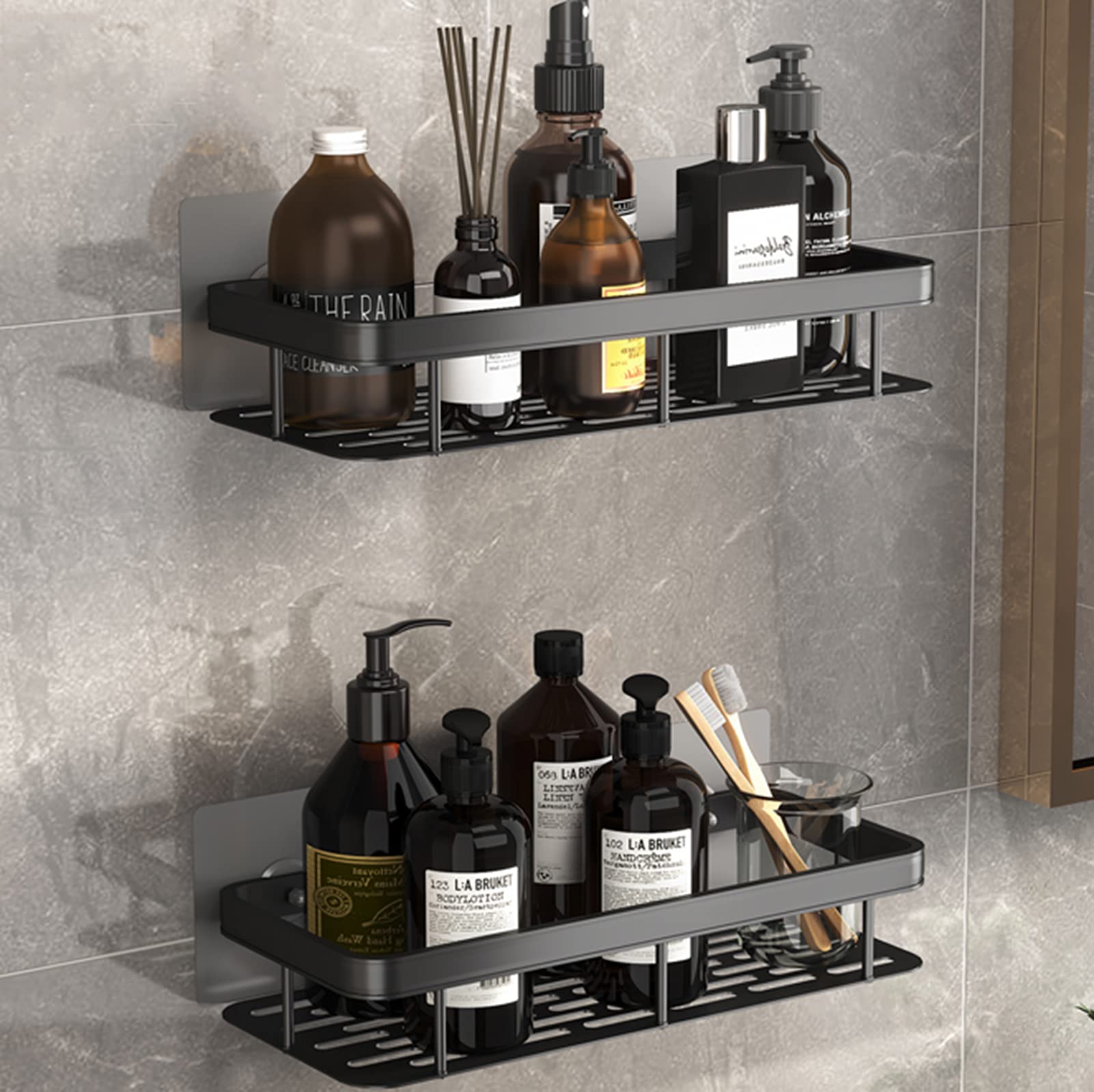 2-teiliger, Selbstklebender Duschkorb In Schwarz – Verstärkter Aluminium-shampookorb Und Organizer Fürs Badezimmer – Praktische Und Moderne Wandaufbewahrung