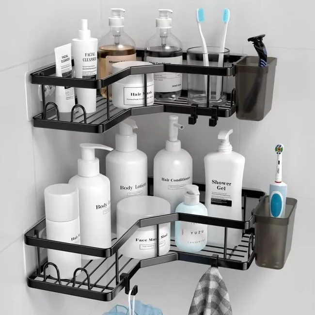 Set Mit 2 Eckregalen Für Dusche Und Badezimmer, Kein Bohren Erforderlich, Aus Edelstahl, Mit 1 Zahnbürstenhalter, 8 Haken Und 6 Klebestreifen