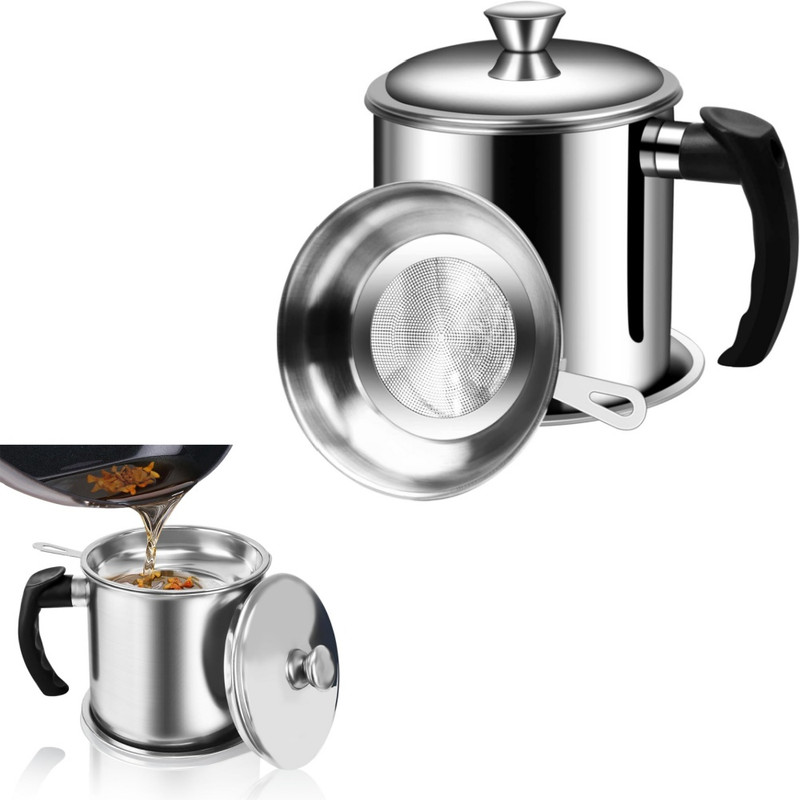 Pinsheng 1,3-liter-frittierölfilter, Edelstahlbehälter Mit Feinmaschigem Sieb Und Staubdichtem Deckel Zur Aufbewahrung Von Speiseöl