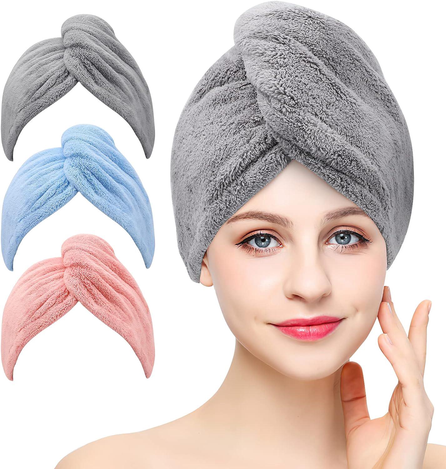 Set Mit 3 Ultra-saugfähigen Mikrofaser-haartüchern Mit Knopf, Schnelltrocknend, Grau, Rosa, Blau