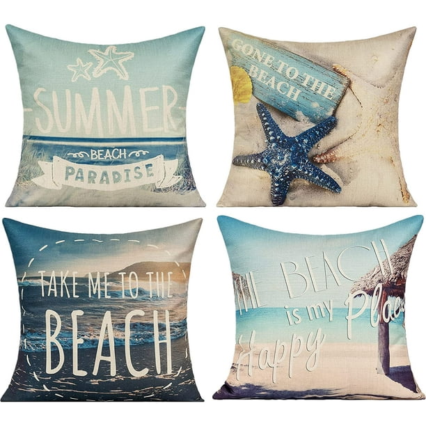 Dekorative Sommer-gartenkissenbezüge Für Sofa Und Bank, 4er-set, 45 X 45 Cm, Mit Seestern- Und Strandmotiv